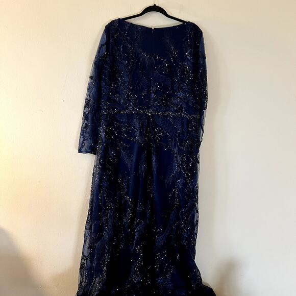 Mac Duggal Illusion Long Sleeve A-line Gown Blue maxi dress size 18 W UB - Picture 8 of 8